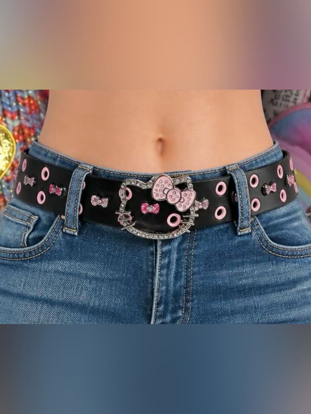 Hot Topic Black Belt with Pink Rhinestone Bows Grommets & Hello Kitty Buckle